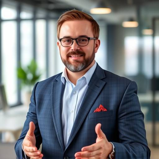 Benjamin Carter, CEO of NovaTech Solutions, speaking confidently in a modern office environment.