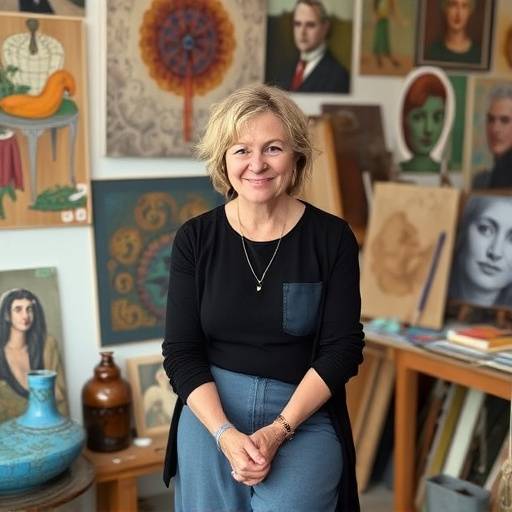 Isabelle Dupont, a renowned artist and curator, in her studio surrounded by vibrant abstract paintings.